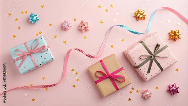 Fototapeta Happy new year banner template. Flat lay composition with wrapped gifts, and ribbons on pastel pink background. Top view with copy space.