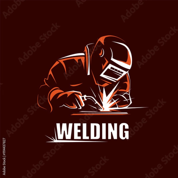 Obraz Welding logo template, on the dark background, welder silhouette