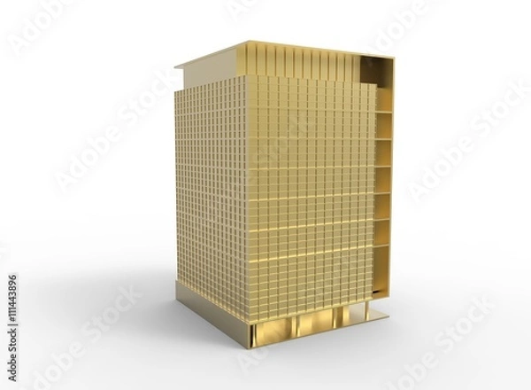 Fototapeta 3d illustration of simple skyscraper. low poly triangles and polygons style. usa style.world trade center. icon for game web. gold color. white background isolated with shadow. simple to use