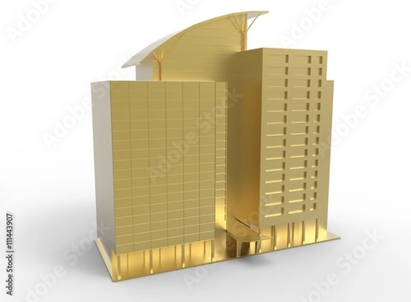 Fototapeta 3d illustration of simple skyscraper. low poly triangles and polygons style. usa style.world trade center. icon for game web. gold color. white background isolated with shadow. simple to use