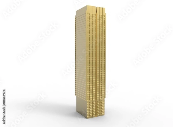 Fototapeta 3d illustration of simple skyscraper. low poly triangles and polygons style. usa style.world trade center. icon for game web. gold color. white background isolated with shadow. simple to use