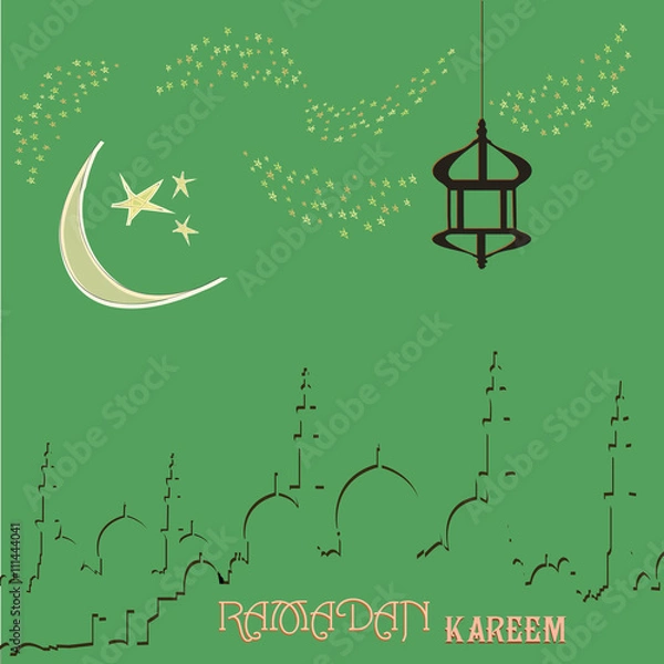 Fototapeta Creative greeting card design for holy month of muslim community festival Ramadan Kareem with moon and hanging lantern, stars on background.