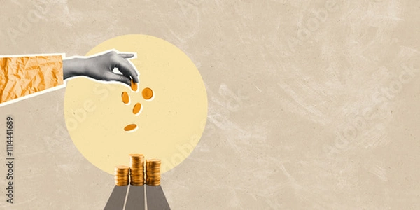 Fototapeta Creative collage illustration of financial business. Human hand dropping coins in a pile. Abstract image of donation, savings, loss, money flow concepts.