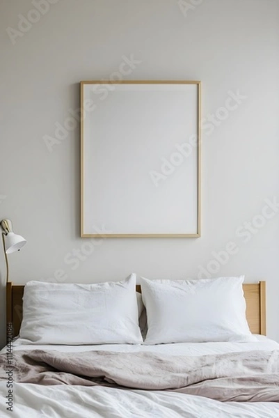 Fototapeta A white poster frame above a bed, captured from a slightly overhead angle, emphasizing the symmetry of the room.