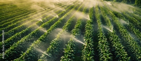 Fototapeta A Field of Green Sprouts Being Sprinkled by Irrigation