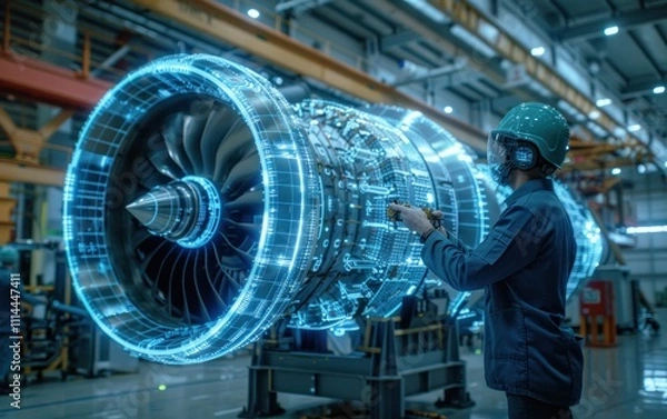 Fototapeta Engineer Inspecting an Aircraft Engine with Augmented Reality