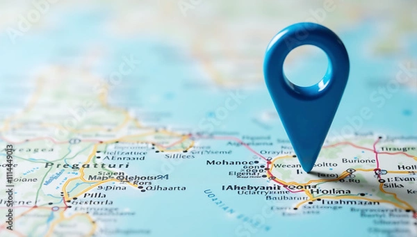 Fototapeta A sleek, transparent glass-like location pin placed on a satellite view of a map, showing rivers, roads, and terrain in high detail, representing precision and clarity in navigation.