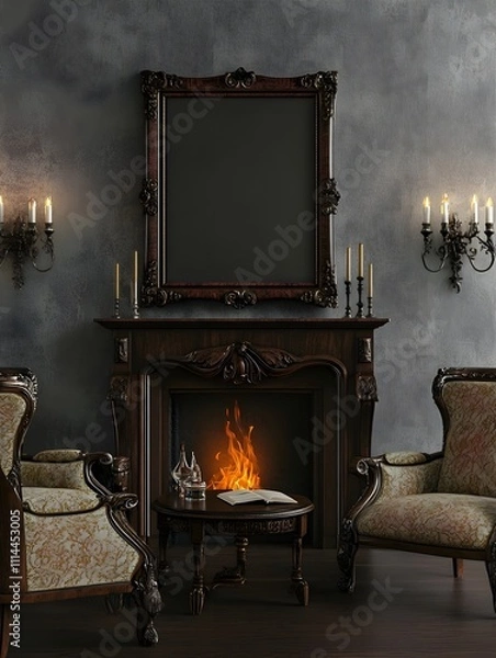 Fototapeta A traditional sitting room with a dark wood blank frame above a fireplace, styled with candlesticks, a mirror, and richly textured furniture.