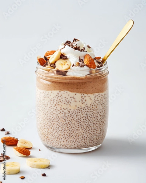 Fototapeta A healthy breakfast - a jar of layered, creamy chia pudding garnished with banana slices, almonds, and chocolate shavings, with a gold spoon on a minimalist white background.
