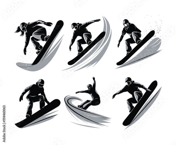 Fototapeta Collection of Bold Snowboarder Action Silhouettes Vector Template