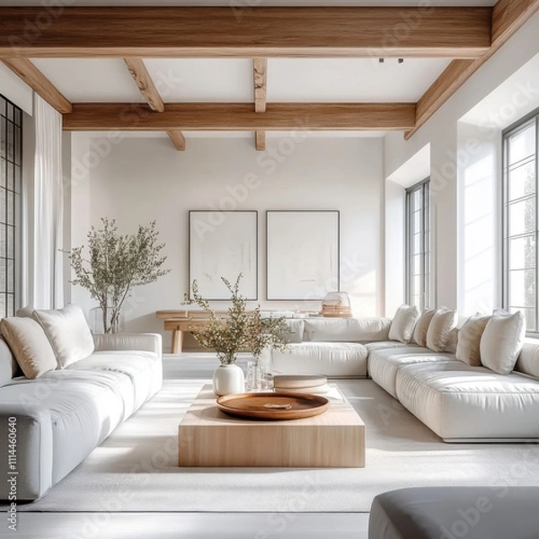 Fototapeta Rustic interior design of modern and nordic living room with grey sofa