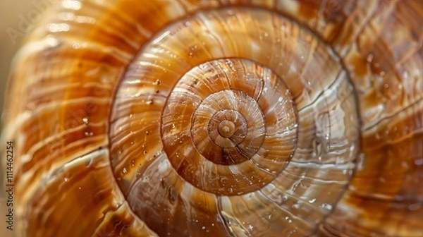 Fototapeta Close-up of a snail shell, showcasing its intricate spiral and warm, earthy tones.