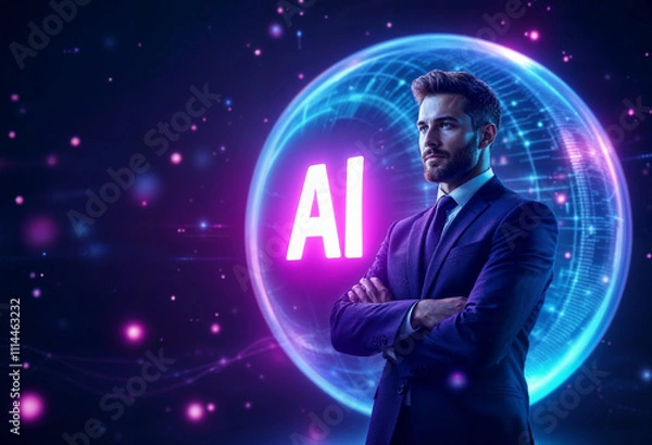 Fototapeta Confident Businessman Stands Before Futuristic AI Hologram With Neon Lights