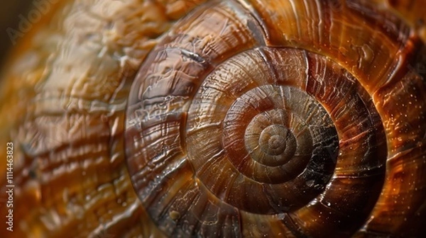 Fototapeta Close-up of a snail shell, showcasing its intricate spiral pattern and warm, earthy tones.