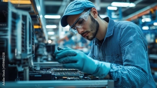 Fototapeta Focused Technician Working on Circuit Board in Industrial Setting