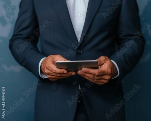 Fototapeta Businessman reviewing successful international payments powered by innovative technology, financial success in global markets