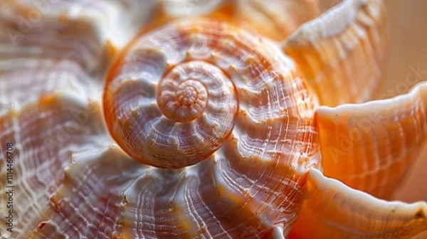 Obraz Close-up of a spiral seashell with warm, orange and white hues.  The intricate details of its texture are mesmerizing.