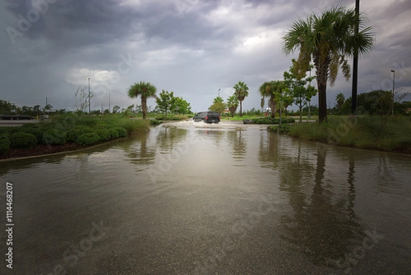 Fototapeta vehicle driving in parking lot submerged under heavy rain, with water pooling  creating  stormy scene.