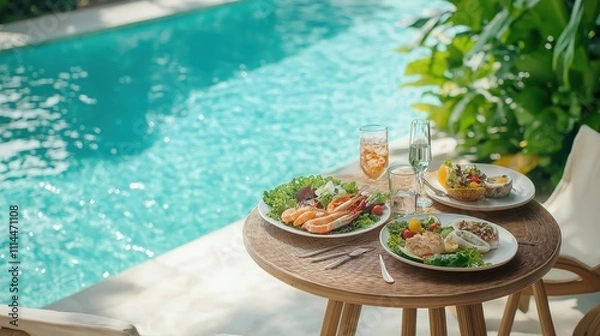 Obraz Poolside lunch with seafood and drinks