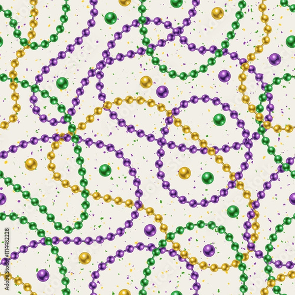 Fototapeta Seamless Mardi Gras pattern with randomly scattered beads, interlaced strings beads on white textured background. Wavy lines. Vintage style.