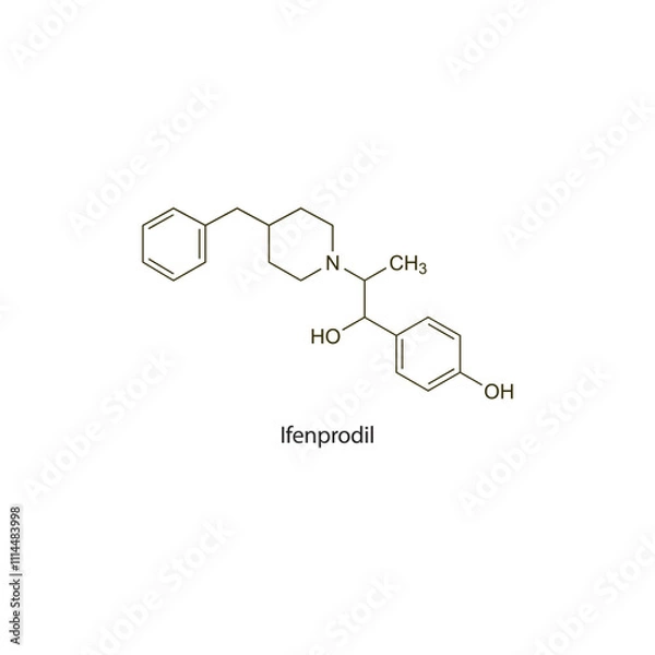 Fototapeta Ifenprodil flat skeletal molecular structure vasodilator drug used in peripheral vascular disease treatment. Vector illustration scientific diagram.