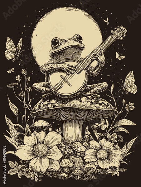 Fototapeta Frog Playing Banjo / Enchanted Cottagecore Forest Fairycore Aesthetic with Mushrooms, Glowing Lights, and Rustic Charm in Nature