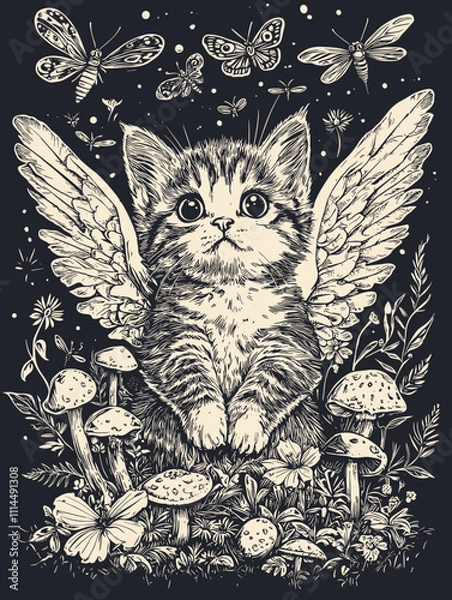 Fototapeta Cute Cat Kitten / Enchanted Cottagecore Forest Fairycore Aesthetic with Mushrooms, Glowing Lights, and Rustic Charm in Nature