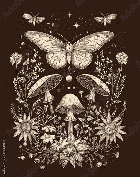 Fototapeta Enchanted Cottagecore Forest Fairycore Aesthetic with Mushrooms, Glowing Lights, and Rustic Charm in Nature