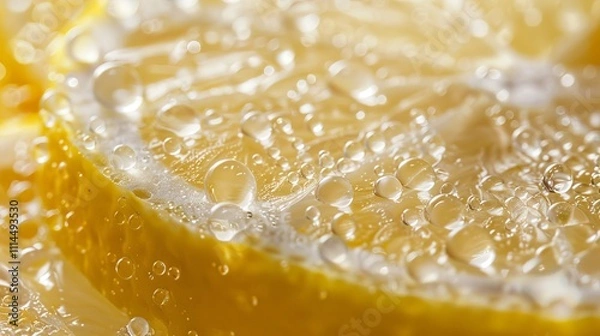 Obraz Close-up of fresh lemon slices with water droplets, showcasing vibrant yellow color and refreshing texture.