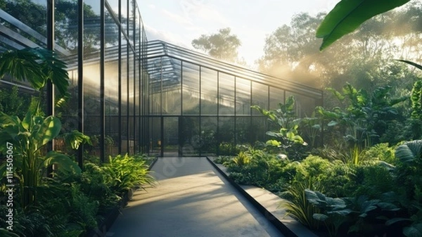 Obraz A serene greenhouse with glass walls, surrounded by lush greenery and soft morning light, creating a peaceful atmosphere for plant growth.