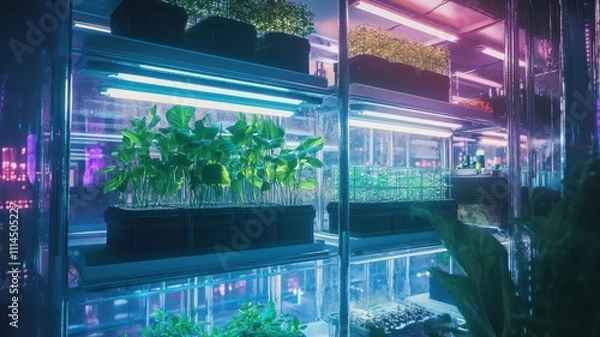 Obraz A futuristic indoor garden featuring vibrant plants illuminated by colorful LED lights in a sleek glass setup.