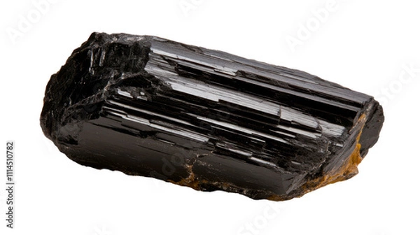 Fototapeta Black Tourmaline Crystal, glossy texture, rough edges, grounding energy, natural mineral specimen, protective stone Isolated on white background or PNG