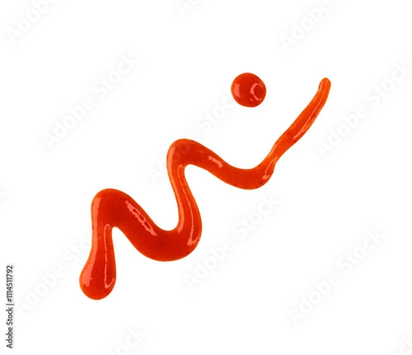 Obraz Line and drops of red hot chilli sauce isolated on white, top view, clipping path, PNG.