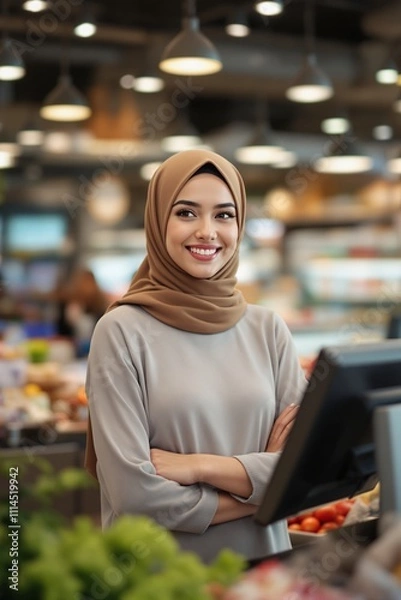 Fototapeta Smiling Woman in Hijab at Grocery Store Checkout Displaying Fresh Produce