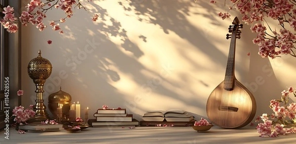 Fototapeta Vasant Panchami background with a traditional music instrument