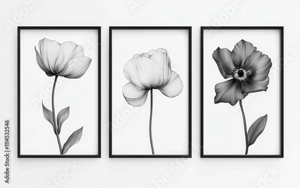 Fototapeta Set of three vertical black-and-white flower illustrations in minimalist frames on a white wall. 