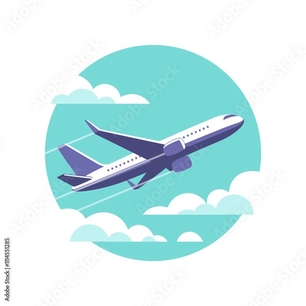 Obraz Airplane gaining altitude between clouds. Travel and vacation time. Vector illustration in a minimalistic style.