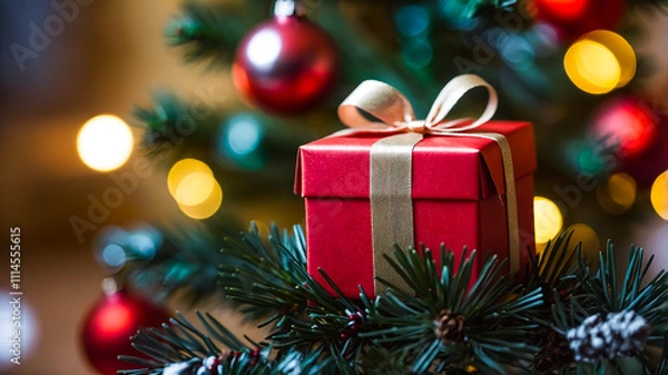 Obraz Red gift box on a christmas tree
