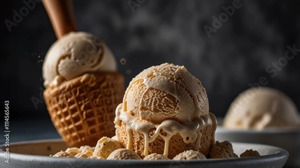 Fototapeta Creamy caramel ice cream scoops melting in waffle cones and bowls, with caramel pieces.
