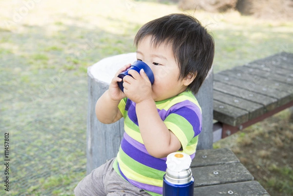 Fototapeta 公園で水筒のお茶を飲む男の子
