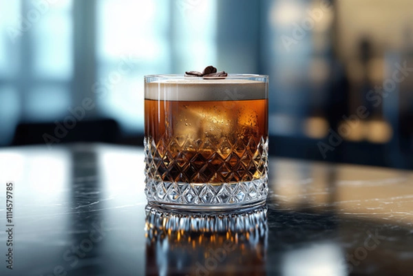 Obraz A photo of a Carajillo cocktail with coffee beans on top of foam on a modern stone bar table and background in a high class city lounge.