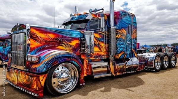 Obraz A colorful semi-truck with chrome accents is parked on a dirt lot. The truck is decorated with a swirling pattern of blue, orange, and red paint.