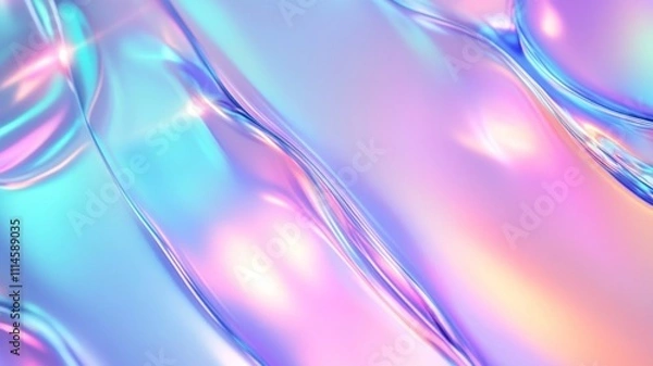 Fototapeta Abstract fluid holographic iridescent glossy texture background.  Shiny metallic synthwave retro pastel rainbow backdrop.