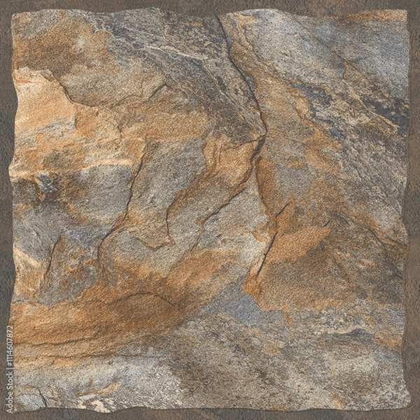 Obraz Natural slate marble stone, rustic brown grouted parking tile design. Exterior heavy duty random vitrified tiles. Rusty rock stone texture.