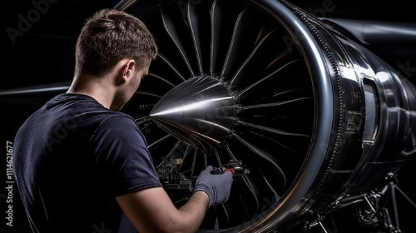 Obraz Aerospace Engineer Inspecting Aircraft Engine | close Shoot