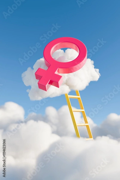Fototapeta Female gender symbol floating on cloud with ladder leading to it