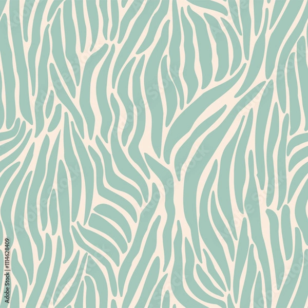 Fototapeta Abstract seamless pattern with wavy lines creating a fluid, organic texture. The design features soft green and cream tones, evoking natural, artistic vibes, suitable for textiles or backgrounds