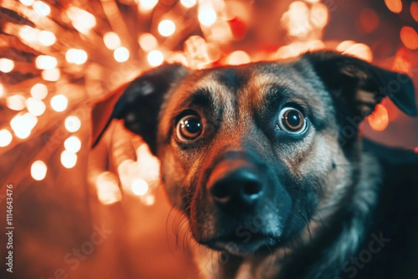 Fototapeta A nervous dog with wide eyes during colorful fireworks