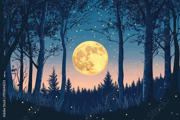 Obraz Full moon Night with river and tree vector illustrations 