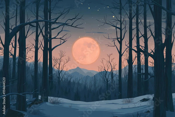 Obraz Full moon Night with river and tree vector illustrations 